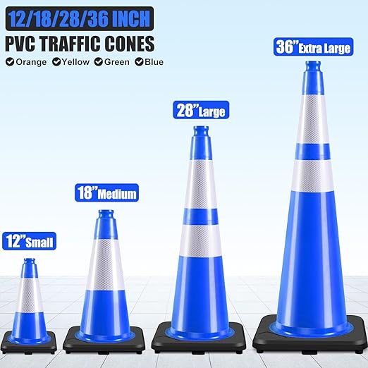 Fluorescent Orange/Green PVC Traffic Cones, Heavy Black Base Parking Lot Cone Structurally Stable Weatherproof Road Construction Safety Cones (4, Blue, 18" Medium)