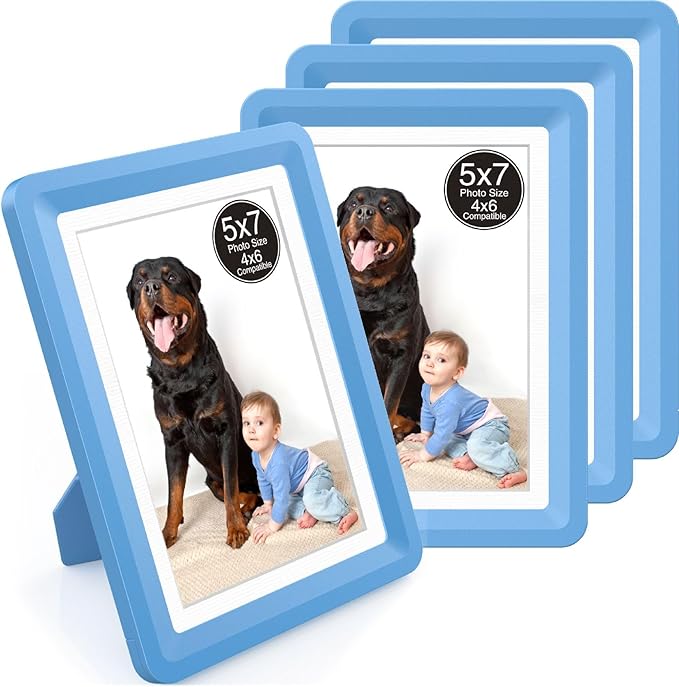 4-Pack 5x7 Picture Frame or 4x6 with Mat – Shatterproof Plastic Photo Frame for Family, Nursery, and Playroom, Wall & Tabletop Picture Frames for Home, Office, Safe & Lightweight Design in Sky Blue