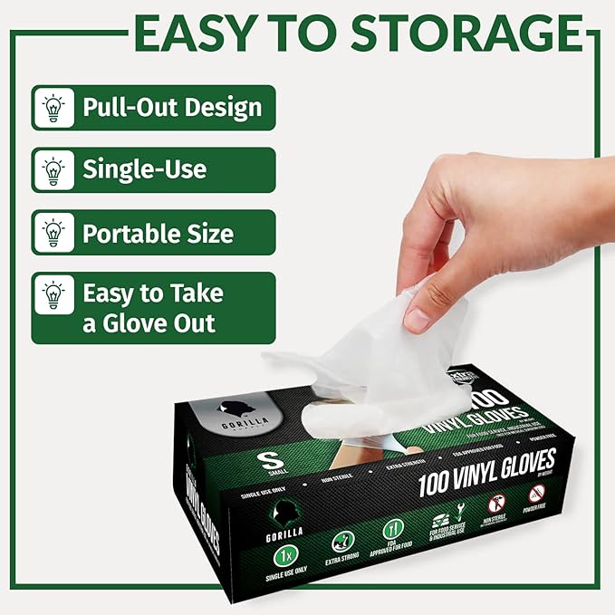 GORILLA SUPPLY Disposable Heavy Duty Vinyl Gloves Latex & Powder Free, BPA Free Food Safe, 100, 300, 1000, S, M, L, XL