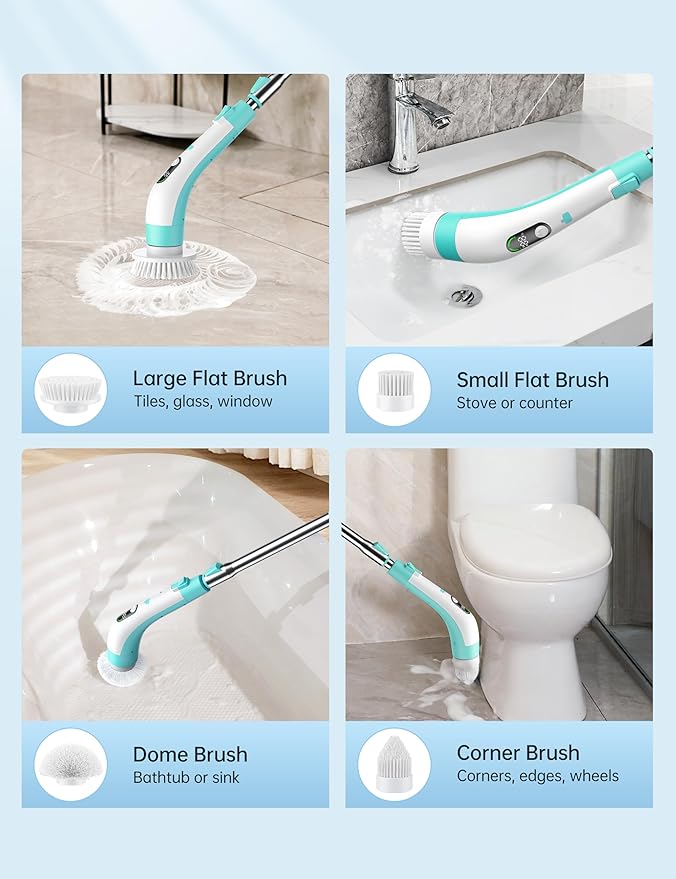 Electric Spin Scrubber with LED Display, IPX7 Waterproof Powerful Shower Scrubber, 2H Runtime, 2 Speeds, Adjustable Handle, 8 Brush Heads for Bathtub Tile Car-Green and White