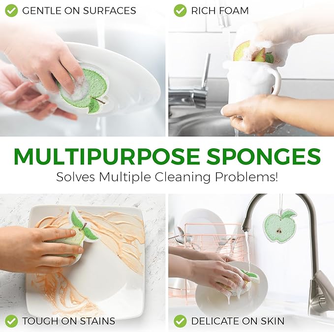 AIRNEX Biodegradable Cellulose Compressed Sponges Bulk - Fruit Shaped Kitchen Pack of 12 - Eco Friendly, Odor Free, Natural, Pop Up Compostable Scrubbers for Washing Dishes