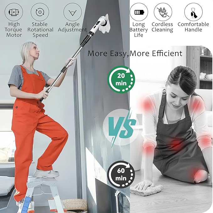 Electric Spin Scrubber Cordless - Grout Cleaner with 9 Attachments & Extension Handle, IPX7 Waterproof for Tile, Shower, Tub, Car & Bathroom, USB-C Rechargeable (Green)
