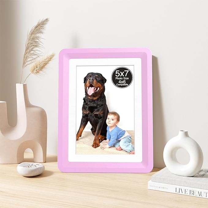 2-Pack 5x7 Picture Frame or 4x6 with Mat – Shatterproof Plastic Picture Frames for Family, Nursery & Playroom, Wall & Tabletop Frame for Home or Office, Safe Lightweight Design, Dreamy Pink