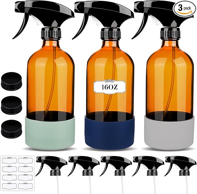 3 Pack/16 Oz Glass Spray Bottles, Refillable Empty Containers with Silicone Sleeve, Upgraded Adjustable Nozzle Spray Bottle Sets for Cleaning, Essential Oils, Hair (Amber)