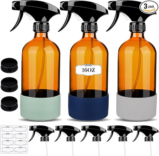 3 Pack/16 Oz Glass Spray Bottles, Refillable Empty Containers with Silicone Sleeve, Upgraded Adjustable Nozzle Spray Bottle Sets for Cleaning, Essential Oils, Hair (Amber)