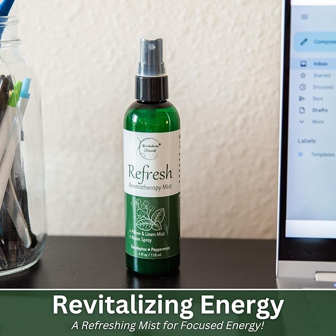 Refresh Aromatherapy Room Spray & Pillow Mist. Peppermint & Eucalyptus Essential Oil Spray, Linen Mist, Natural Car Air Freshener Bathroom Freshener & Closet Deodorizer by Brookethorne Naturals