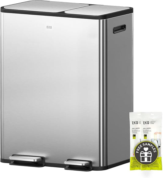 EKO EcoCasa Stainless Steel Dual Step Trash Can for Recycling, 30L+20L Rectangular Kitchen Trash Can, Independent Pedals and Lids, Soft Close and Fingerprint Resistant