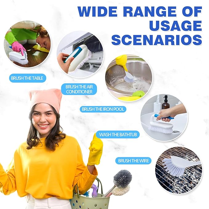 Hsei 12 Pcs Heavy Duty Scrub Brush Kit, Bathroom Bathtub Scrubber, Hard Bristle Cleaning Brush with Ergonomic Handle and Durable Bristles for Cleaning Carpet Kitchen Pots, Pans and Sinks