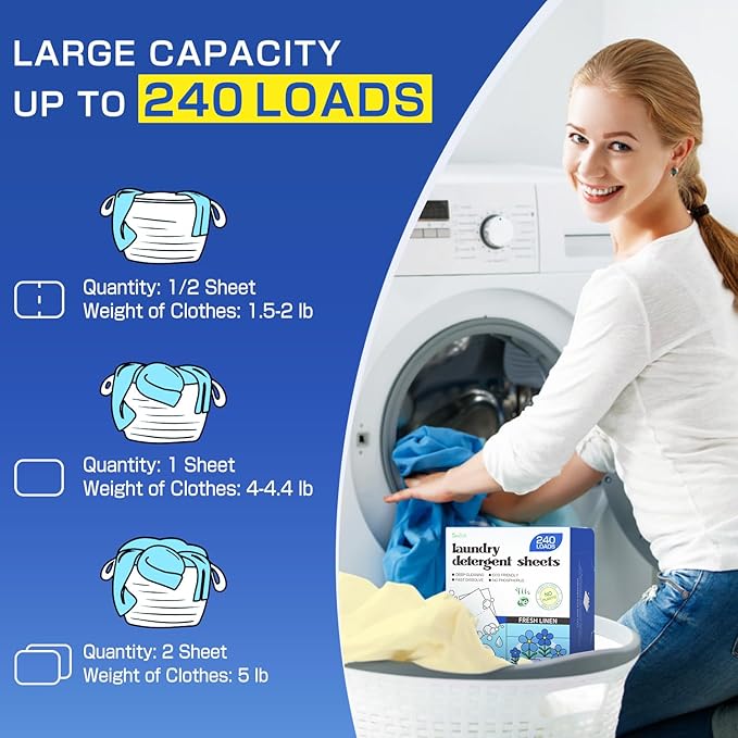 Soulink Laundry Detergent Sheets Fresh Linen Scent 240 Loads，Eco Friendly Detergent Strips for Travel & Home - No Plastic Jug Soap Strips, Plant-based, Hypoallergenic. Safe for Sensitive Skin