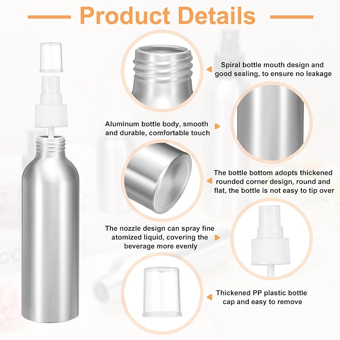 HARFINGTON Aluminum Fine Mist Spray Bottles 150ml/5oz Metal Small Liquid Alcohol Refillable Travel Container with White Plastic Nozzle Cap for Perfume Skincare Cosmetic Storage Bottle