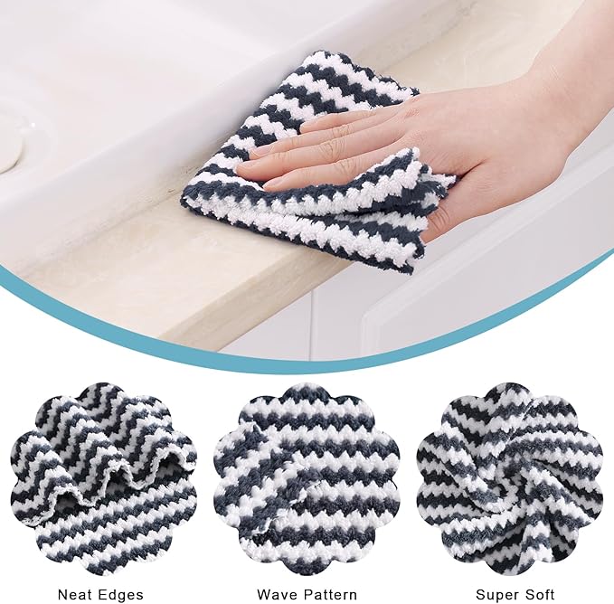 Homaxy 18 Pack Kitchen Dish Cloths, Ultra Soft and Absorbent Dish Towels, Reusable Fast Drying Microfiber Cleaning Cloth, Coral Velvet Wave Design No-lint, 10 x 10 inches, Dark Grey