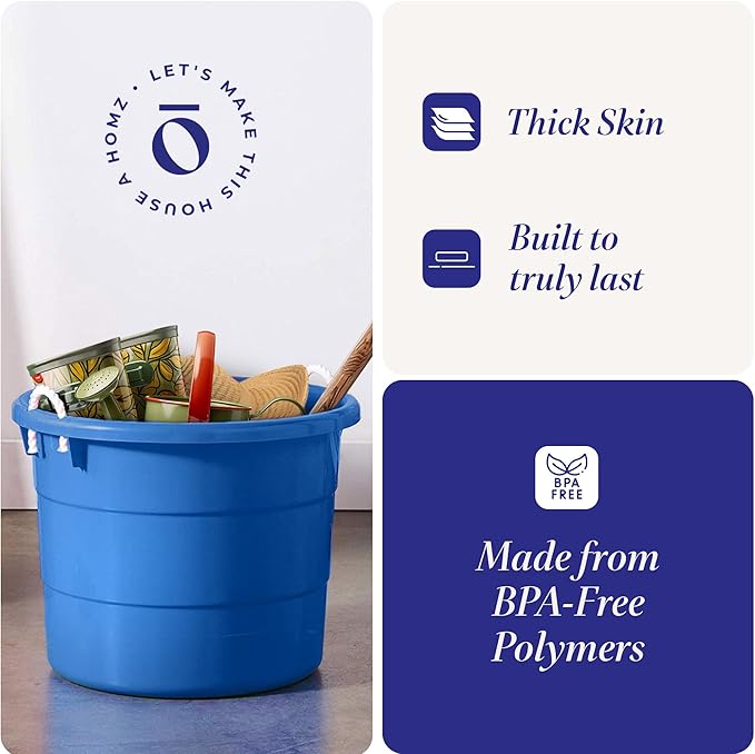 HOMZ 2-Pack Utility Tub, Large Plastic Storage Bucket with Rope Handles, 18 Gallon, Blue - Portable Indoor and Outdoor Buckets for Kitchen, Laundry, Garden, Bathroom, and Garage Organization