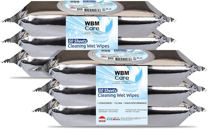 WBM Care Wet Wipes, Thick & Strong for Easy Cleaning, Unscented and Convenient, Flip Top Dispenser, For all Types of Surfaces, Cleaning Wipes, 50 Sheets (Pack of 6)