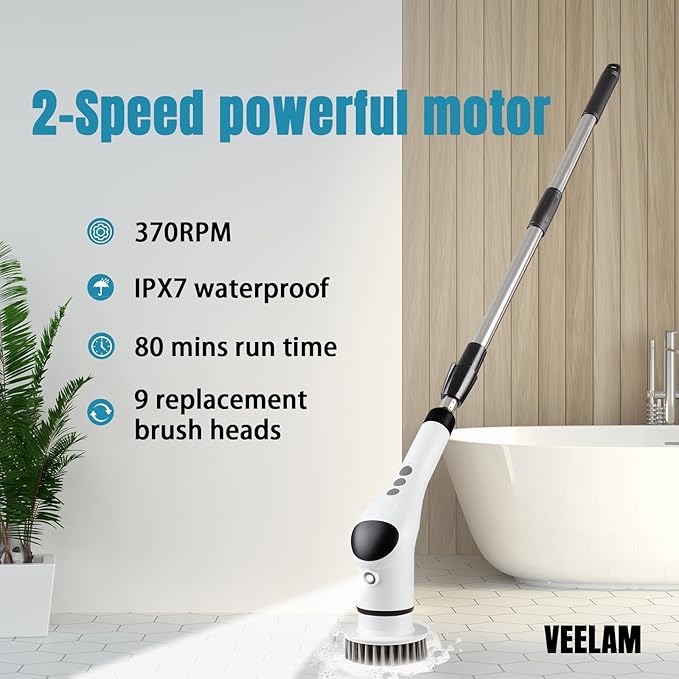 Electric Scrubber for Cleaning, Power Spin Scrubber Cordless for Bathroom Shower Clean, IPX7 Waterproof with 9 Replaceable Brush Heads