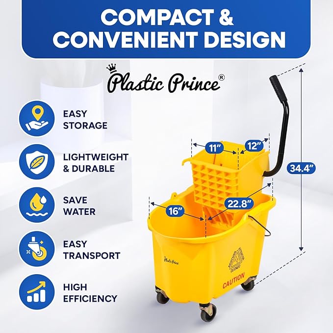 Commercial Mop Bucket with Wringer on Wheels, Heavy Duty Industrial Mop Bucket and Wringer Separate Dirty Water for Home Office Restaurant Business, 26 Quart - Yellow