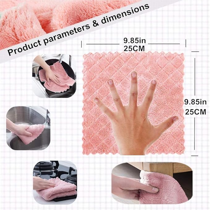 4-Pack 9.85"x9.85" Microfiber Cleaning Cloth，Dish Towels, Double-Sided Dish Drying Towels，Reusable Household Cleaning Cloths for House Furniture Table Kitchen Dish Window Glasses