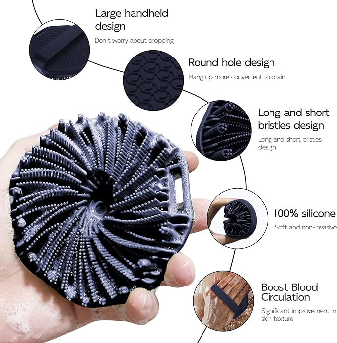 3 PCS Silicone Bath Brush Set,Back Scrubber & Body Brush & Face Brush Set, Super-Exfoliating & Lathering Body Scrubber, Shower Brush, Face Scrubber Combination for HomeBathroom Hotel Travel.(Blue)