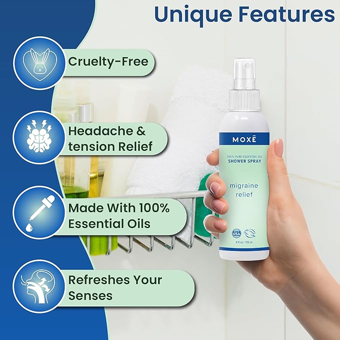 MOXE Migraine Relief Aromatherapy Shower Spray, Essential Oils for Headaches & Tension Relief, Natural 100% Essential Oils, Pure & Undiluted, Peppermint, Spearmint, Eucalyptus, Tea Tree, Made in USA …