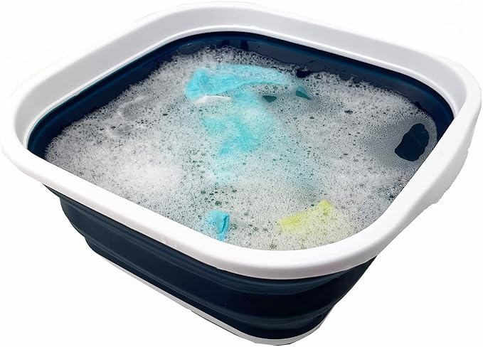 SAMMART 5.5L (1.4 Gallons) Collapsible Tub - Foldable Dish Tub - Portable Washing Basin - Space Saving Plastic Washtub (White/Indigo)