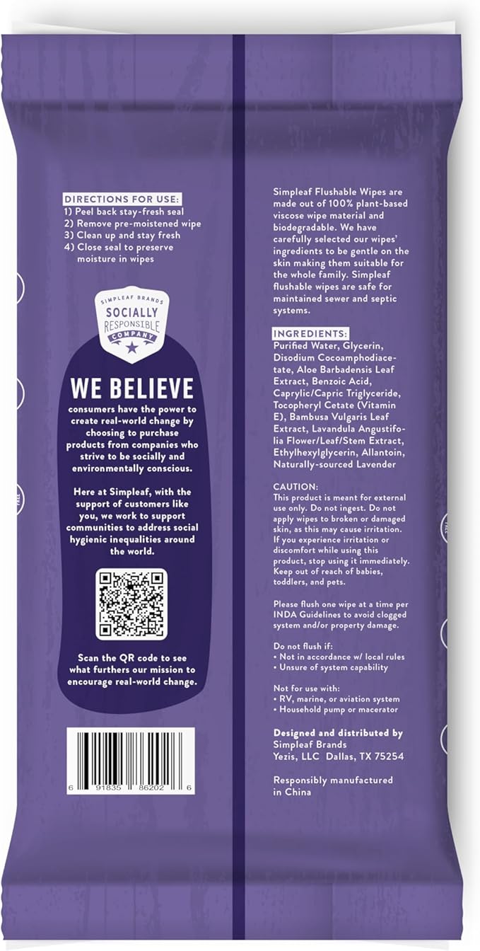 Simpleaf Flushable Wet Wipes Lavender | Plastic Free, Paraben & Alcohol Free | Hypoallergenic & Safe for Sensitive Skin | Soothing Aloe Formula | Adult Toilet Wipes (3 x 50 Counts Pack) 150 Counts