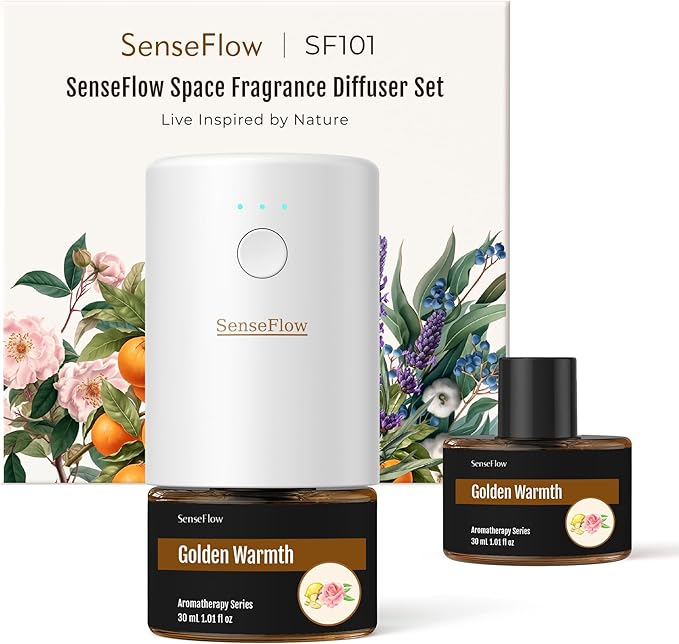 SF101 Waterless Ultrasonic Essential Oil Diffuser–100% Plant-Based,120-Day Natural Air Freshener & Aromatherapy Diffuser for Home,Hotel,Studio–Covers up to 100㎡-Golden Warmth