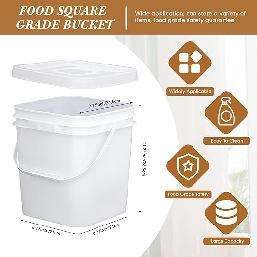Mumufy 5 Pcs 3.5 Gallon Square Food Grade Bucket with Lid Square Bucket Pail with Plastic Handles for Storing Dry Food, Charcoal, Camping, Fishing (White)