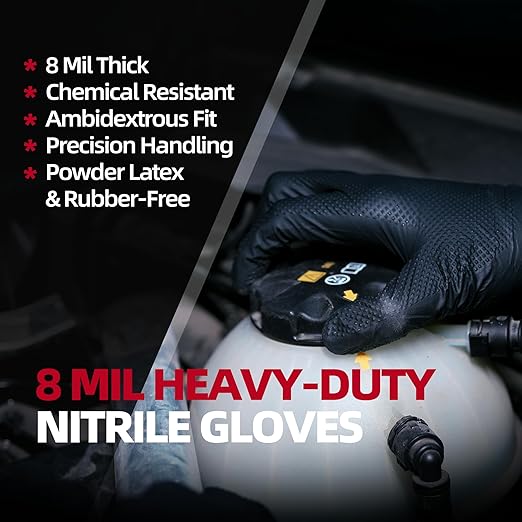 Jointown Basic Heavy Duty Nitrile Gloves, Mechanic Gloves 8 Mil Nitrile Disposable, with Raised Diamond Texture, Case of 1000, Black, Large