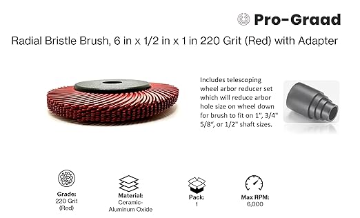 Radial Bristle Brush, 6 in x 1/2 in x 1 in 220 Grit (Red) with Adapter, Type C Curved Bristle (Pack of 1)