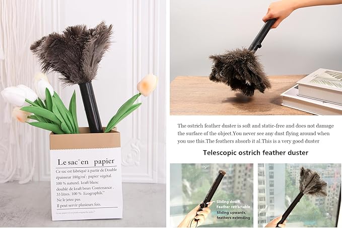 Retractable Ostrich Feather Duster for Cleaning, 15 Inch Fluffy and Natural Feather Duster with Retractable Handle， Reusable Eco-Friendly Handheld Cleaning Supplies(5PCS)