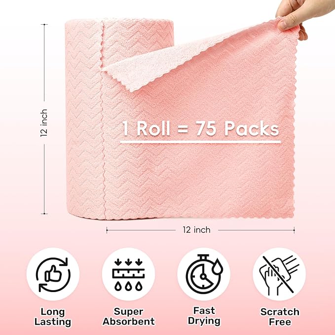 Microfiber Cleaning Cloths Roll, 75 Pack Tear Away Microfiber Towels Roll, 12" x 12" Lint Free Rags, Reusable Cleaning Cloths, Washable, Scratch Free,Ultra Absorbent Dish Rags(Pink Ripple)