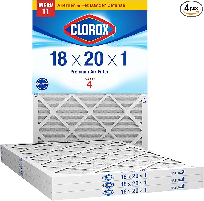 Clorox 18x20x1 Air Filter, MERV 11 Pleated HVAC AC Furnace Air Filters, MPR 1000 & FPR 7 – Pack of 4