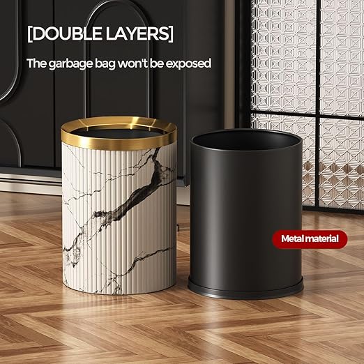 Small Fancy Bathroom Trash Can, Metal Trash Can Covered with Leather, Open Top, Hide The Garbage Bag，for Bathroom, Living Room, Bedroom, Office, Bank, Hotel (9L-Ink Painting)