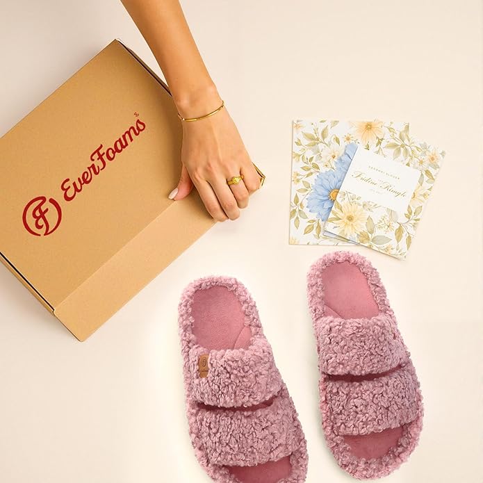 EverFoams Womens Fuzzy Open-toe Slippers Soft Comfy Memory Foam Indoor House Shoes
