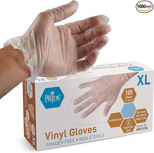 Med PRIDE Vinyl Gloves| X-Large Case of 1000| 4.3 mil Thick, Powder-Free, Non-Sterile, Heavy Duty Disposable Gloves| Professional Grade for Healthcare, Medical, Food Handling, and More