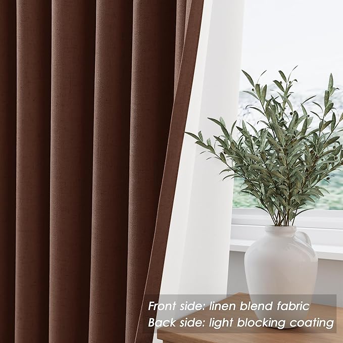 Rustic Brown Linen Curtains 90 Inches Long Loop Pocket Rod Pocket Heat Reducing Noise Reducing Thermal Insulated Total Blackout 2 Panels Set for Sliding Door Boho Farmhouse Curtains Drapes 52x90