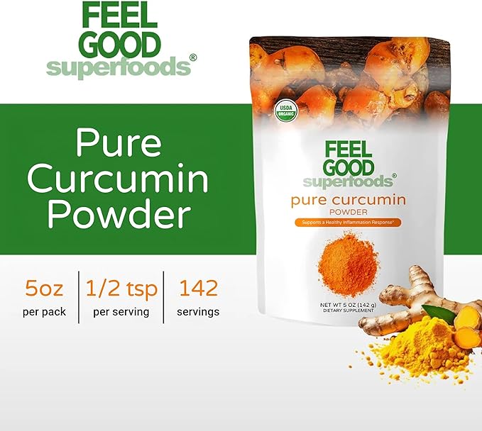 FEEL GOOD Organic Superfoods Pure Curcumin Powder, Organic, Non-GMO, Vegan from Bulk Ground Turmeric Root from India, Curcuma Longa Joint Supplement, 5 oz