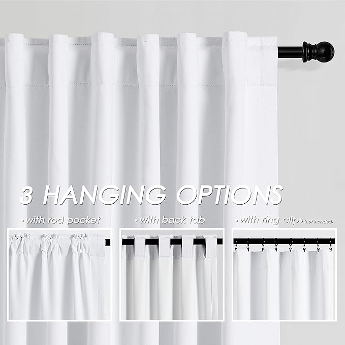 White Linen Blackout Curtains, 120 Inch Length 2 Panels Set Burg Extra Long 10 Ft Back Tab Pocket Drapes Cotton Textured Total Sun Blocking Curtains for Living Room Cottage High Window Pure White