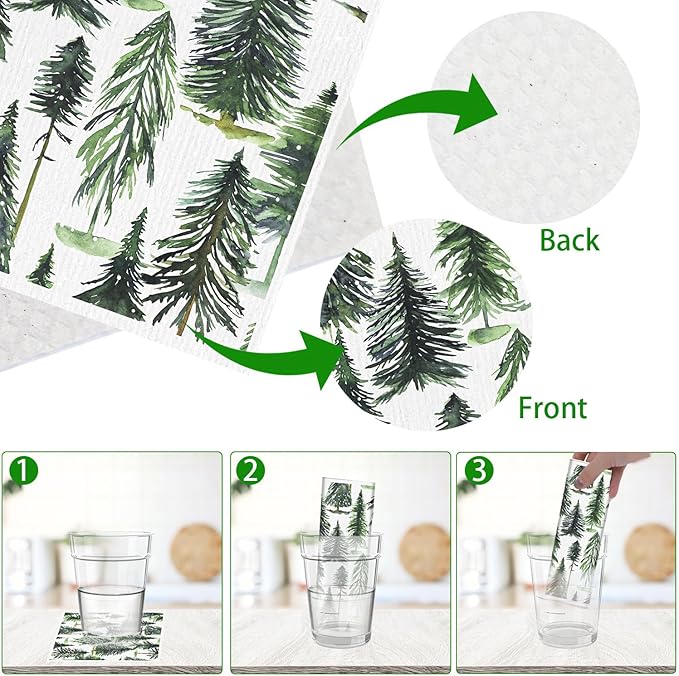 Forest Swedish Dishcloths for Kitchen - 6PCS Watercolor Forest Swedish Cloths for Washing Dishes, Winter Christmas Reusable Dish Towels, Pine Tree Washable Cleaning Sponge Fast Drying