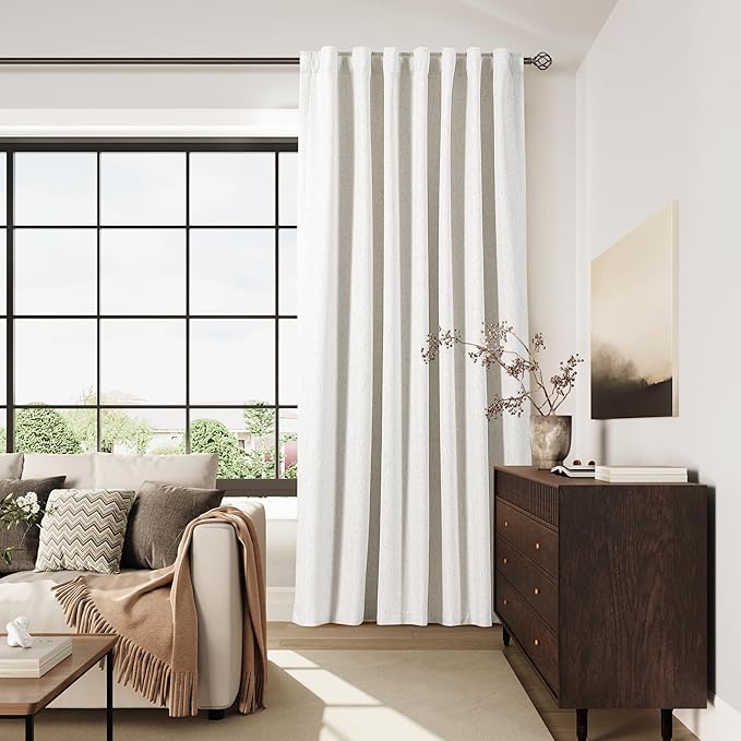 100% Blackout Linen Curtains 90 inch Length 1 Panel for Living Room Loop Pocket Pinch Pleated Black Out Drapes Cream Colored Heat Reducing Total Blackout Window Curtains for Bedroom 60x90