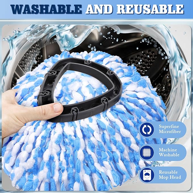 4 Packs Spin Mop Replacement Heads Compatible with Oceda RinseClean 2-Tank System, 4-Section Rotatable 30-58" Mop Handle,Mop Scrub Brush and Base Combo Set,Mop Refills Easy to Replace and Cleaning