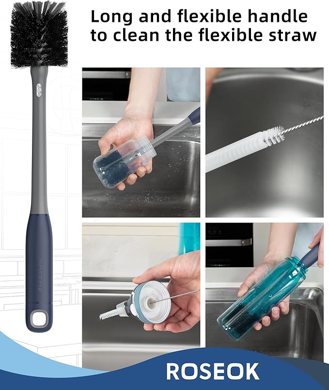 2 in 1 Long Handle Bottle Brush with Straw Brush for Cleaning Glass, Sports Bottle, Coffee Mug, Gray, 1 Pack