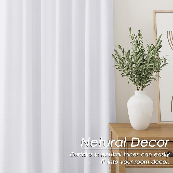 White Linen Blackout Curtains, 120 Inch Length 2 Panels Set Burg Extra Long 10 Ft Back Tab Pocket Drapes Cotton Textured Total Sun Blocking Curtains for Living Room Cottage High Window Pure White