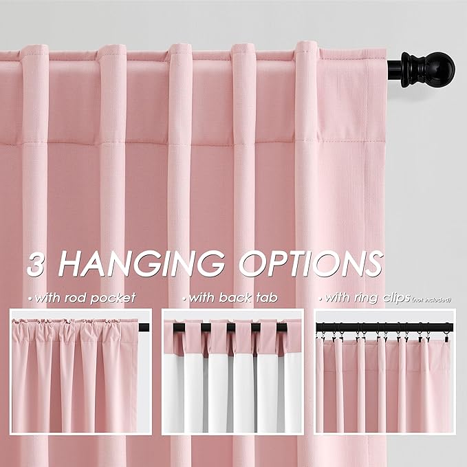 Nanspring Pink Linen Blackout Curtains 120 Inch Length 2 Panels Set Burg Extra Long 10 Ft Back Tab Pocket Drapes Cotton Textured Total Sun Blocking Curtains for Living Room Cottage High Window 52x120