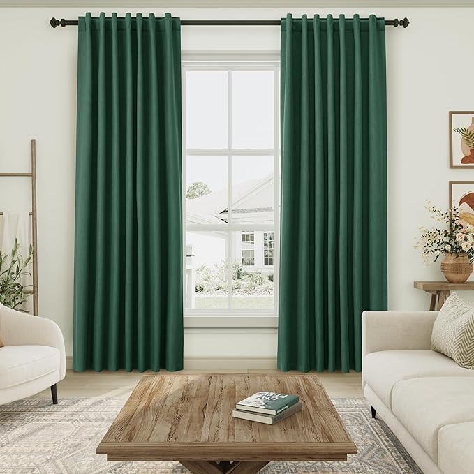 Blackout Green Linen Curtains 96 Inches Long Back Tab Heat Reflective Full Light Block Out Curtains 2 Panels for Bedroom Windows Textured Long Draperies with Liner Floor to Ceiling Length 8Ft 52x96