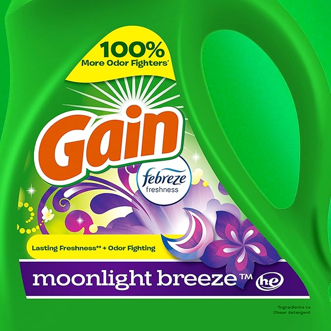 Gain Liquid Laundry Washing Detergent, Moonlight Breeze Scent 154 fl oz, 107 Loads, Lasting Freshness + Powerful Cleaning and Odor Fighting ingredients