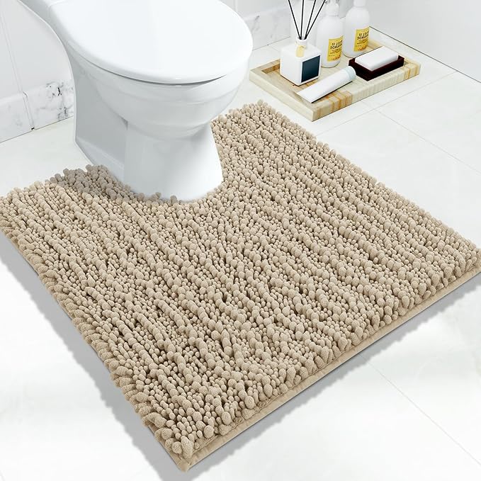 Yimobra Toilet Rug U Shaped Washable 24x20 Inch - Ultra Soft Absorbent Chenille Bath Rugs for Toilet, Quick Dry & Machine Washable, Non Slip Contour Bathroom Mat, Pale Khaki