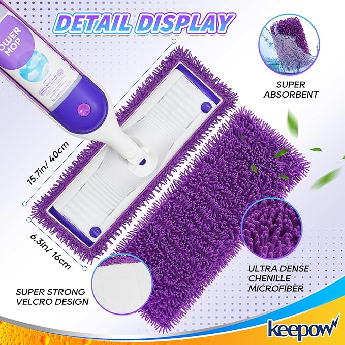 KEEPOW 8 Pack Reusable Mop Pads Compatible with Swiffer Power Mop Replacement Mop Refill Pads for Power Mop Wood Floor Cleaning Microfiber Mop Pads for Hardwood Floors