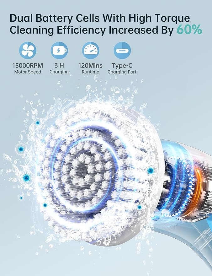 Electric Spin Scrubber with LED Display, IPX7 Waterproof Powerful Shower Scrubber, 2H Runtime, 2 Speeds, Adjustable Handle, 8 Brush Heads for Bathtub Tile Car-Green and White