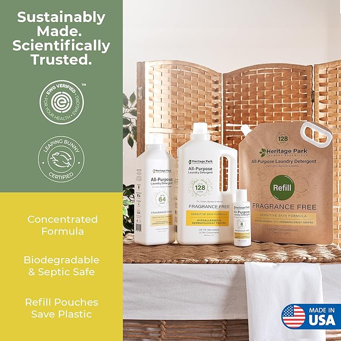 Heritage Park Luxury Laundry Detergent | Dermatologist Tested Plant based Natural & Enzyme Laundry Detergent | Sensitive Skin Friendly - Fragrance Free (4 fl oz Trial Size)