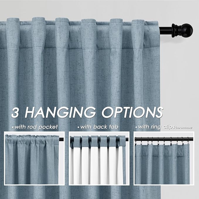 Blue Linen 100% Black Out Curtains 108 Inches Long 2 Panels Set for Bedroom Boho Farmhouse Back Tab Thermal Insulated Energy Efficient Room Darkening Curtains Living Room High Ceiling Length 9 FT
